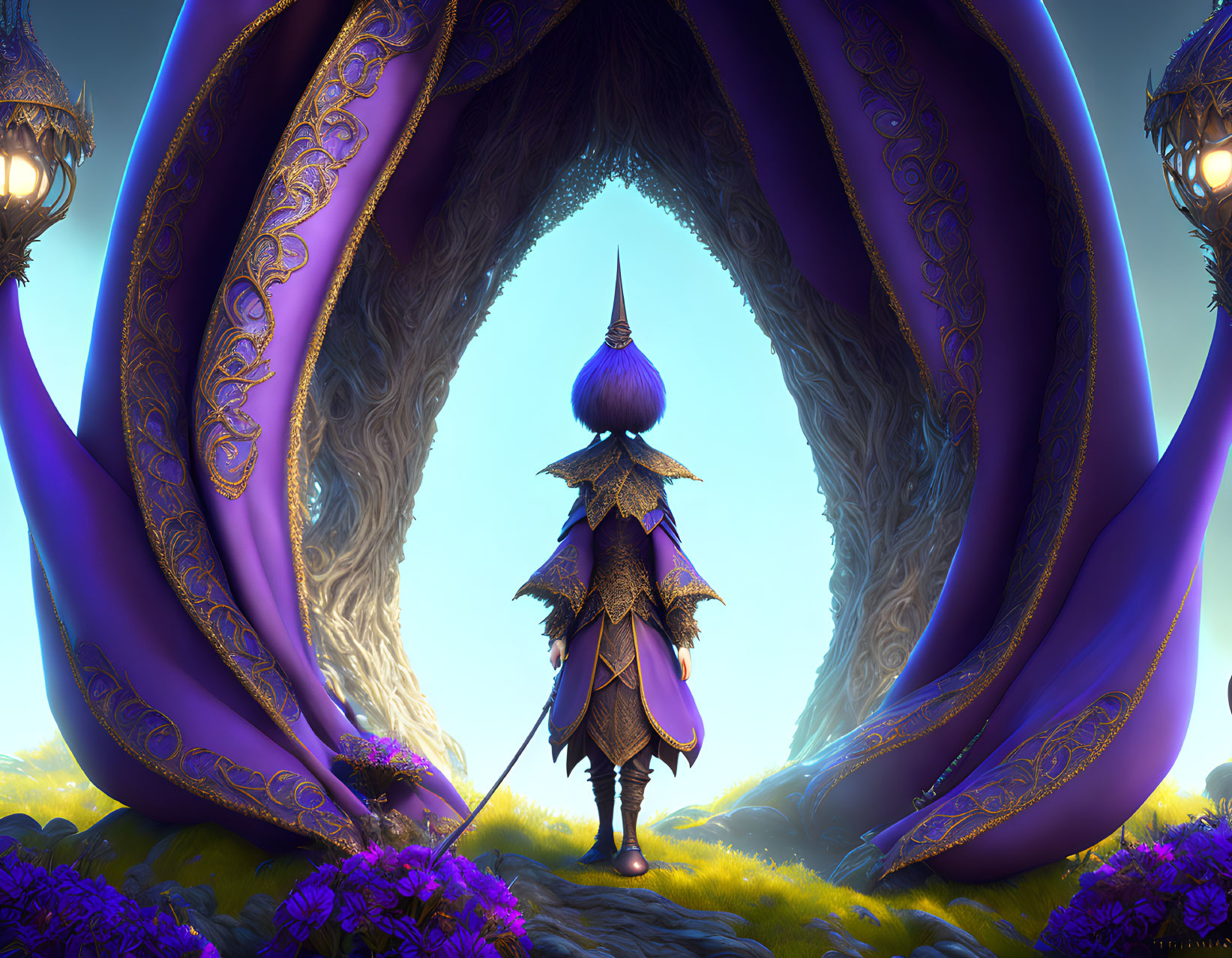 Cloaked figure at illuminated portal amid lush purple flora