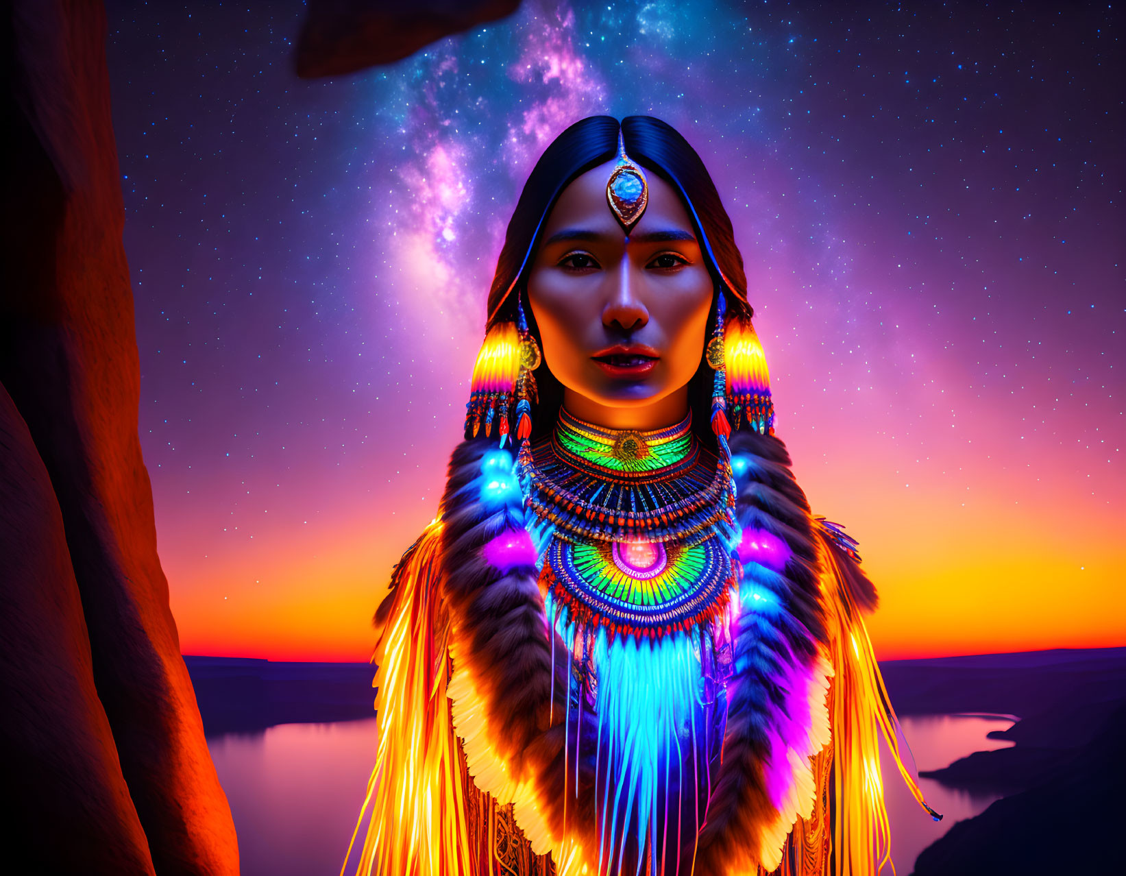 Colorful portrait of woman in indigenous attire under starry sky & sunset canyon.