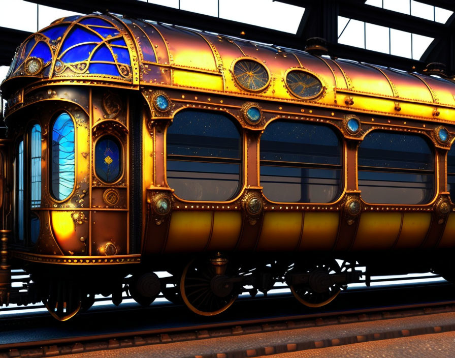 Ornate Golden Train Carriage with Elaborate Blue Windows at Dusk