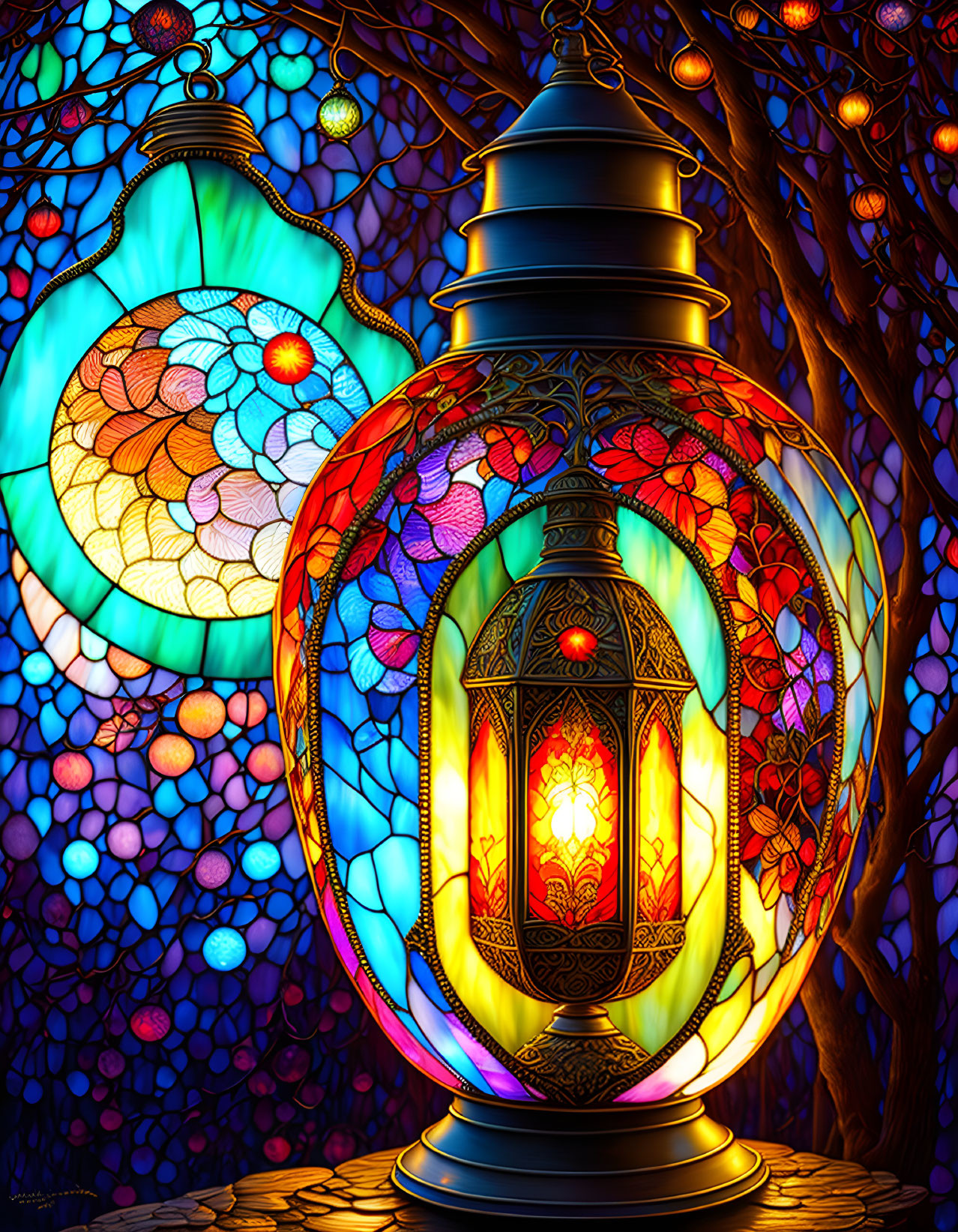 Colorful Lantern and Hanging Light on Luminous Bokeh Mosaic