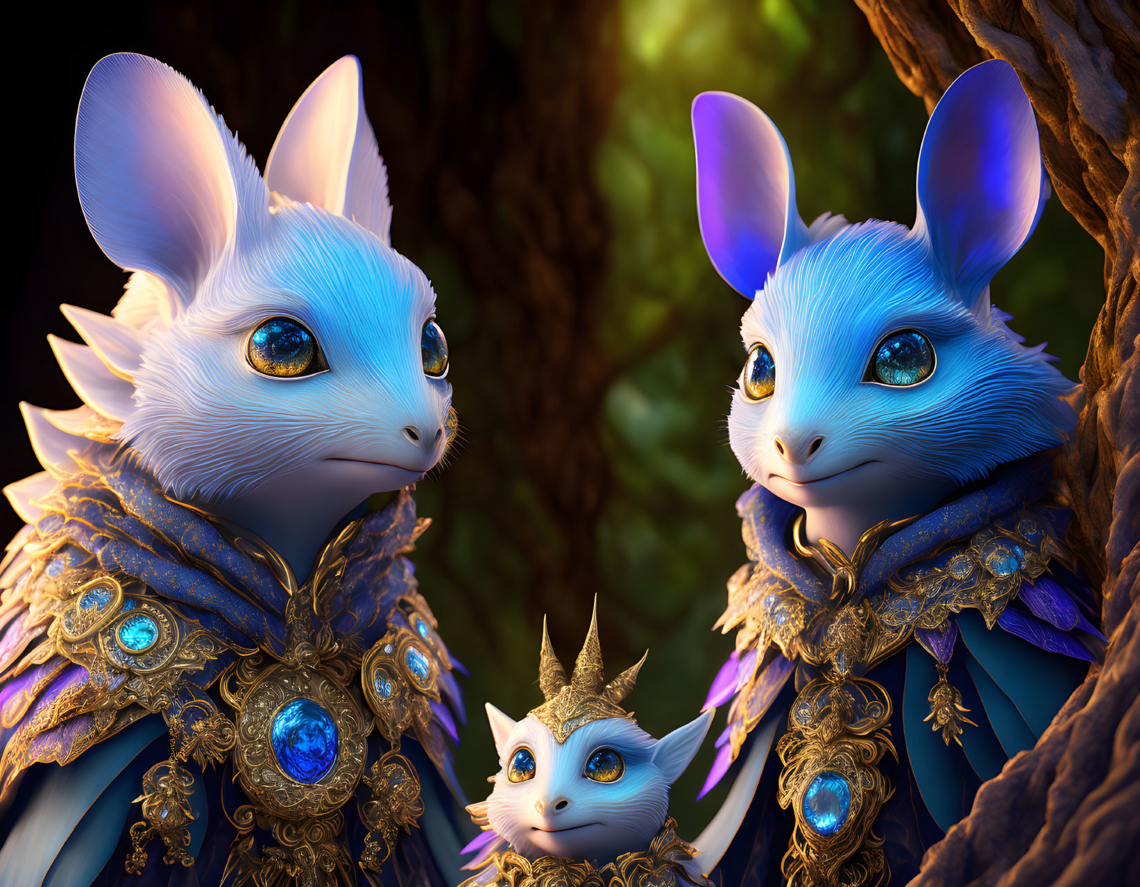 Blue furred anthropomorphic creatures in ornate attire by tree.