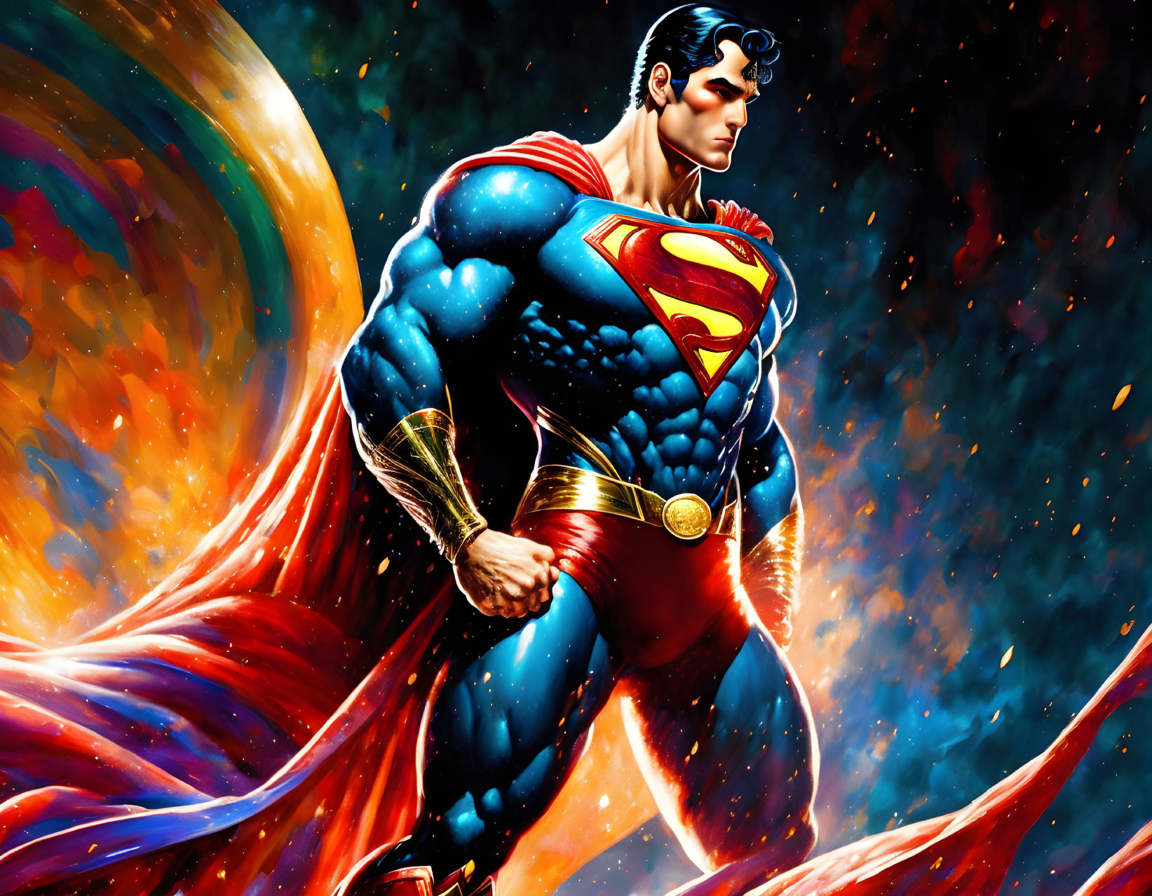 Superman illustration with dynamic suit and cosmic backdrop