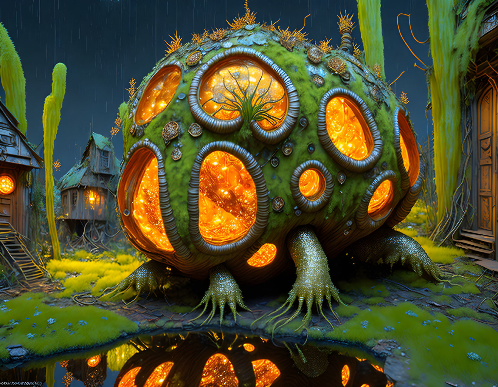 Fantastical green spherical house with glowing orange windows in rainy village.