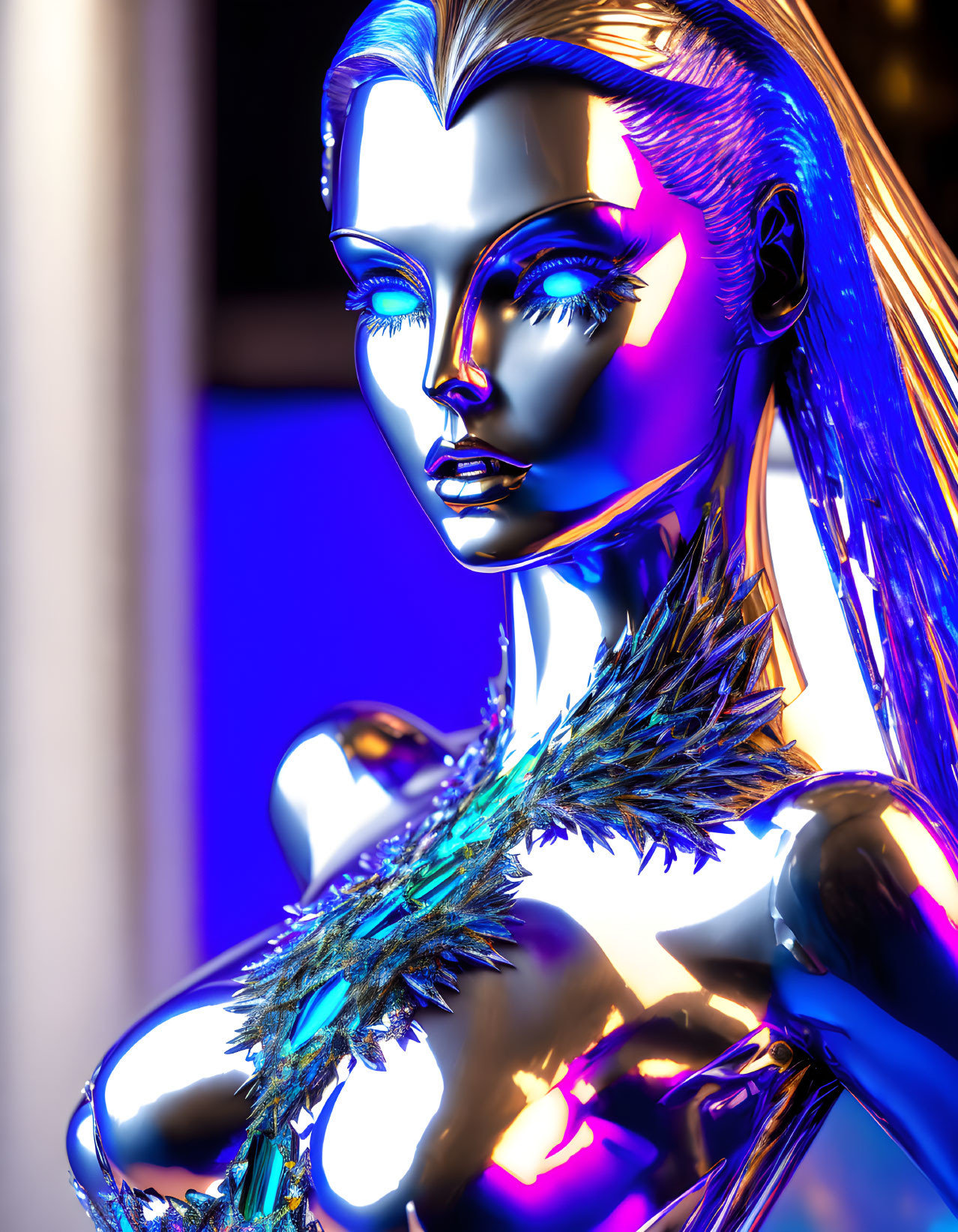 Futuristic metallic female figure with neon accents and iridescent textures on dark background.