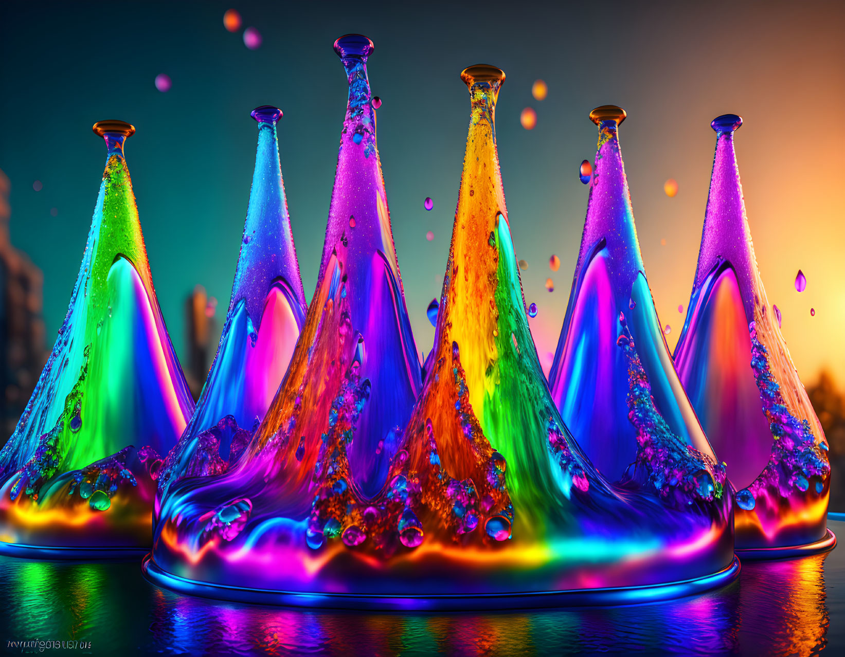 Vibrant liquid splashes create abstract mountain range against twilight sky