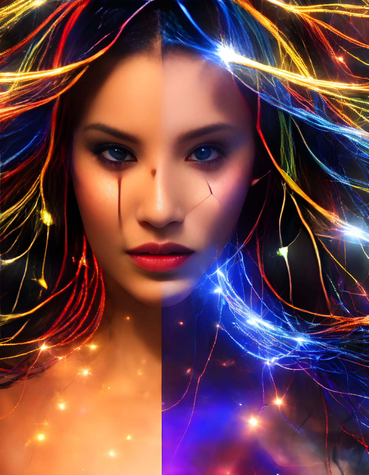 Vibrant light strands on woman's hair against dark backdrop