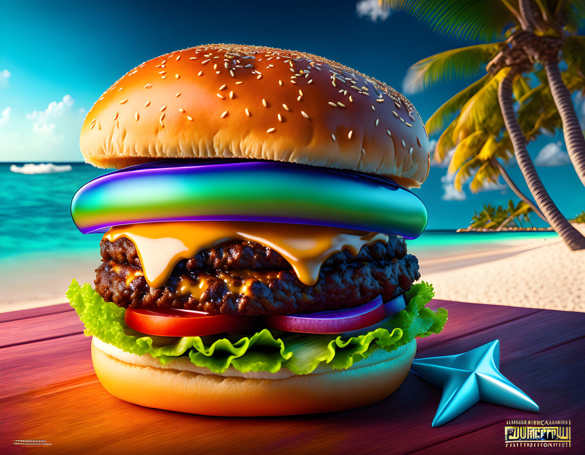 Colorful cheeseburger with lettuce and tomato on a beach with a blue origami dolphin