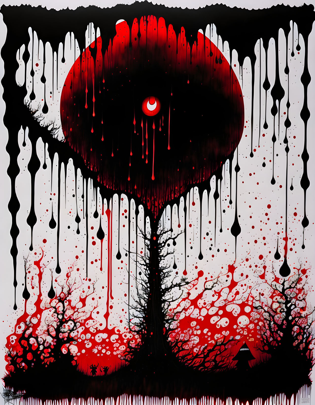 Black tree silhouette with red heart-shaped canopy and red-eyed creature on splattered backdrop