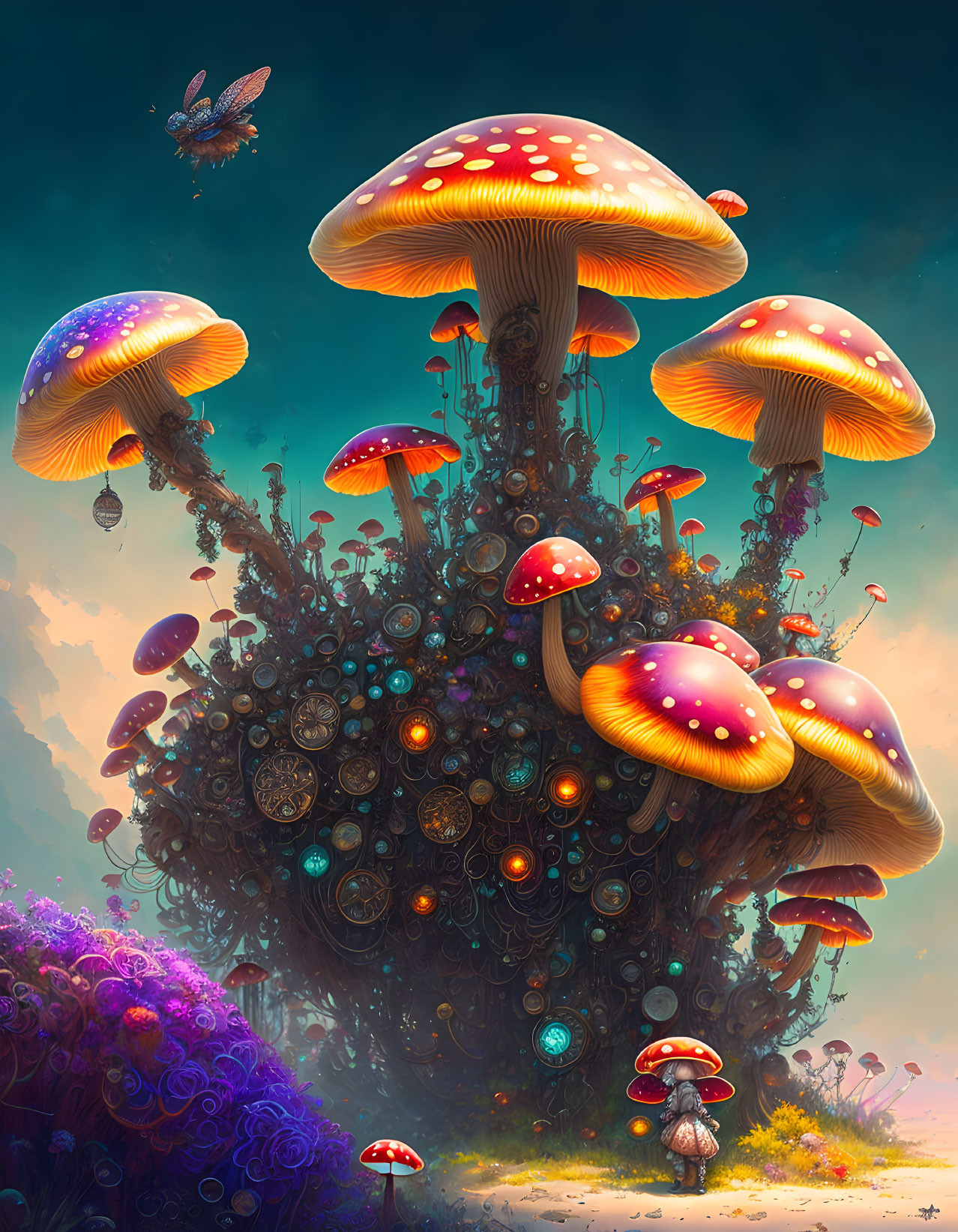 Fantastical digital artwork: Oversized luminescent mushrooms in enchanting forest