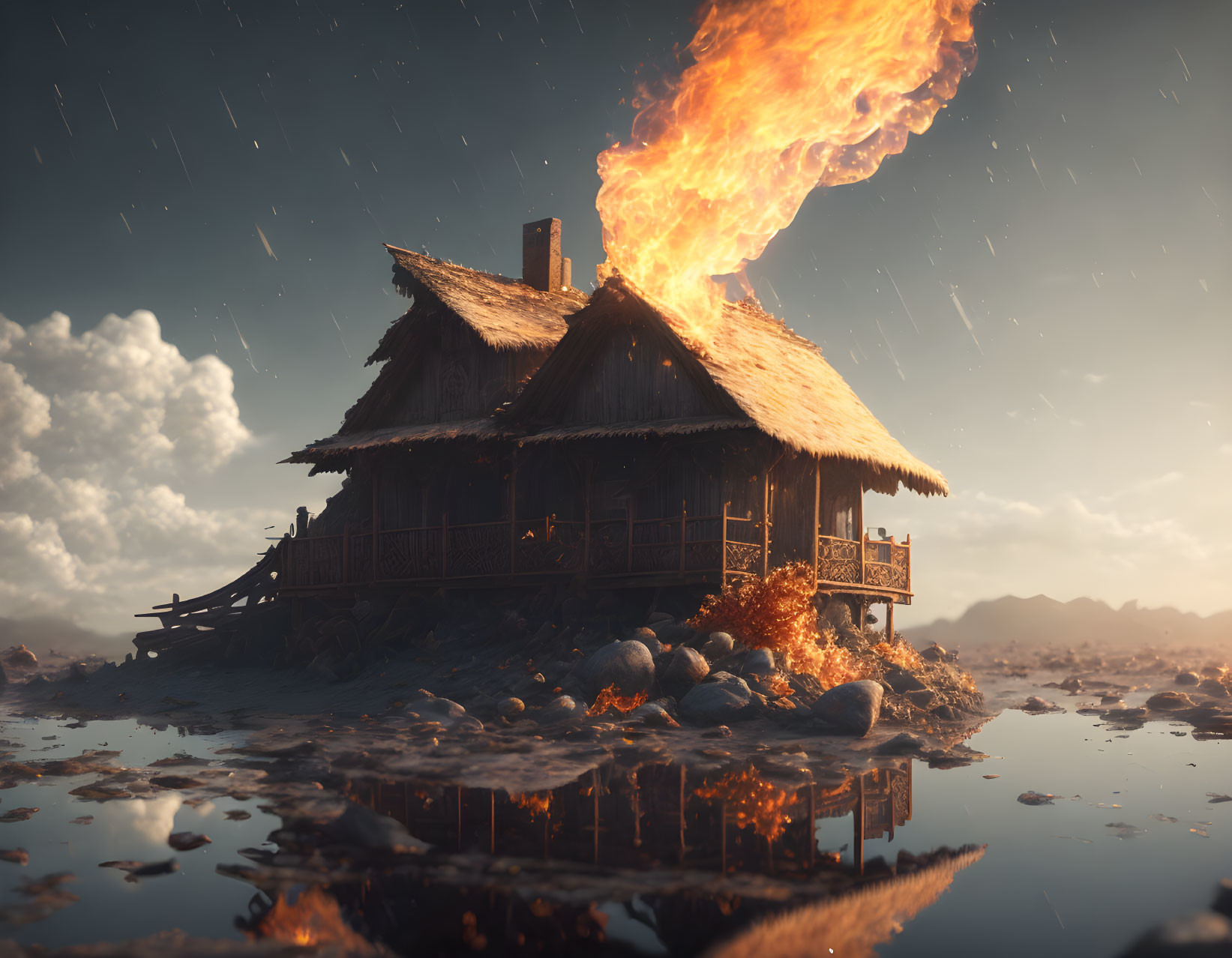 Traditional wooden house with fiery chimney explosion reflected in stormy sky.