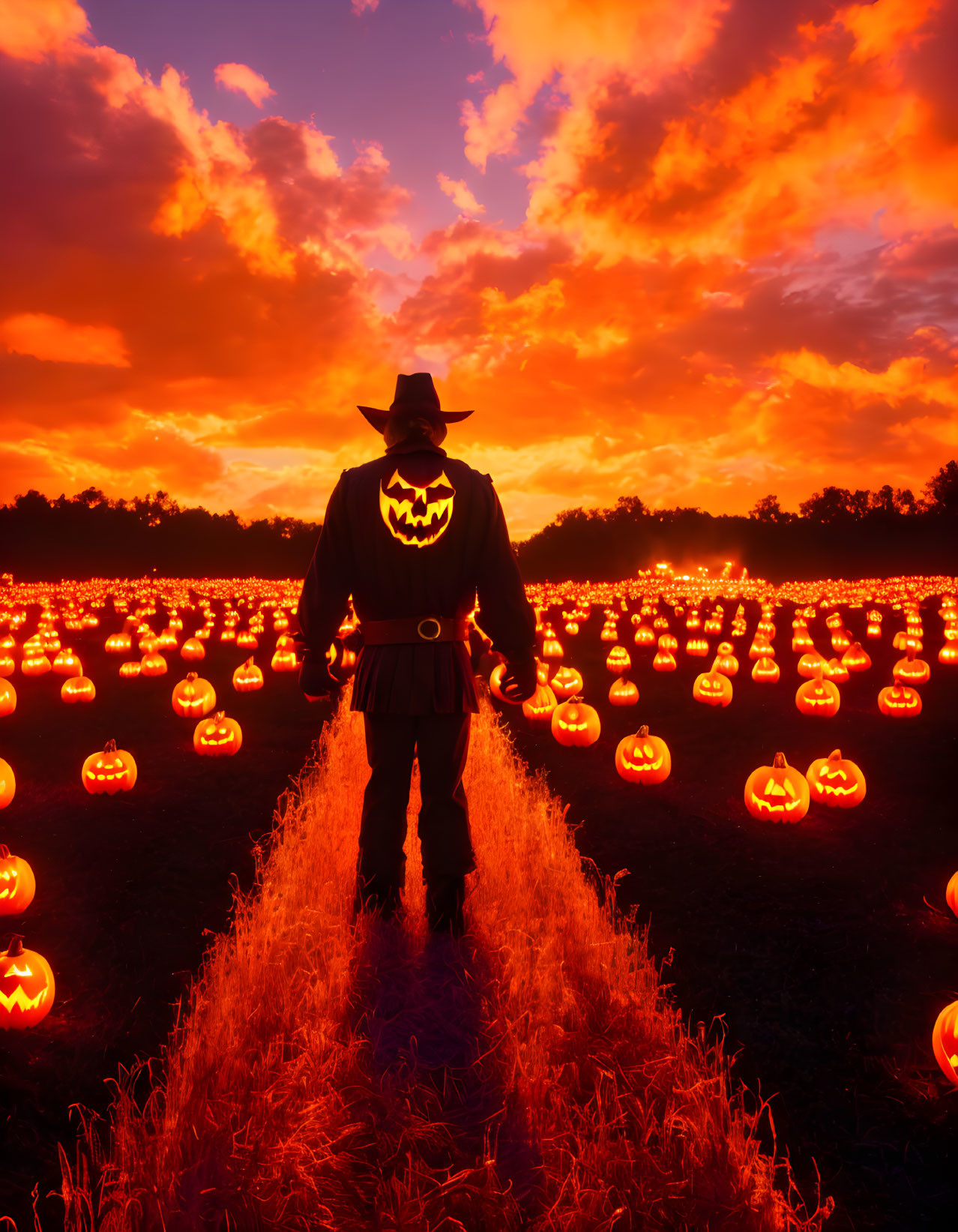 Cowboy hat silhouette among lit jack-o'-lanterns at sunset