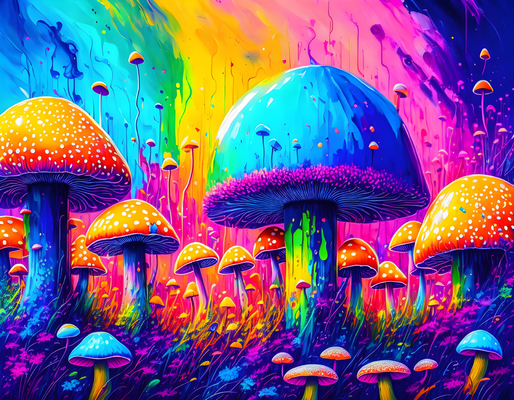 Colorful Psychedelic Mushroom Illustration on Dripping Paint Background