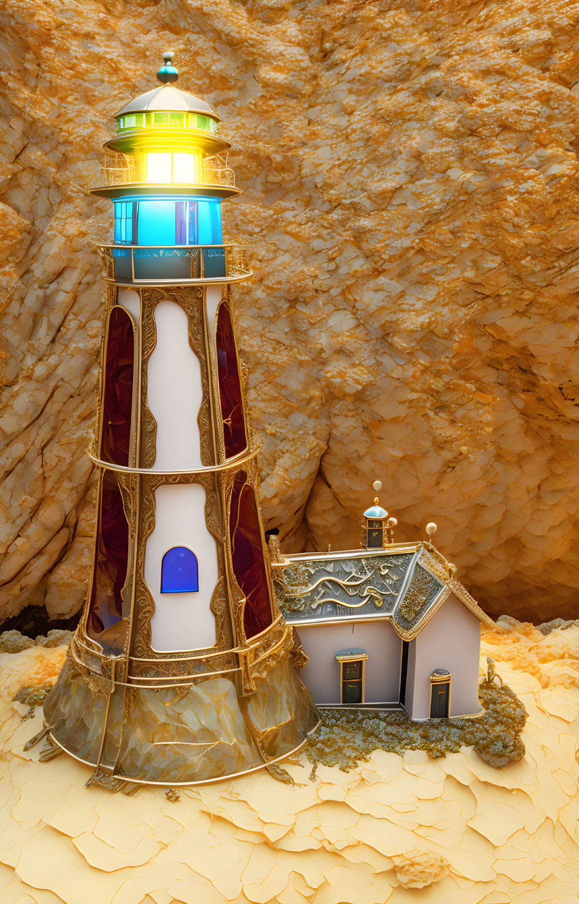 Whimsical ornate lighthouse with bright lantern and attached cottage in rocky surroundings