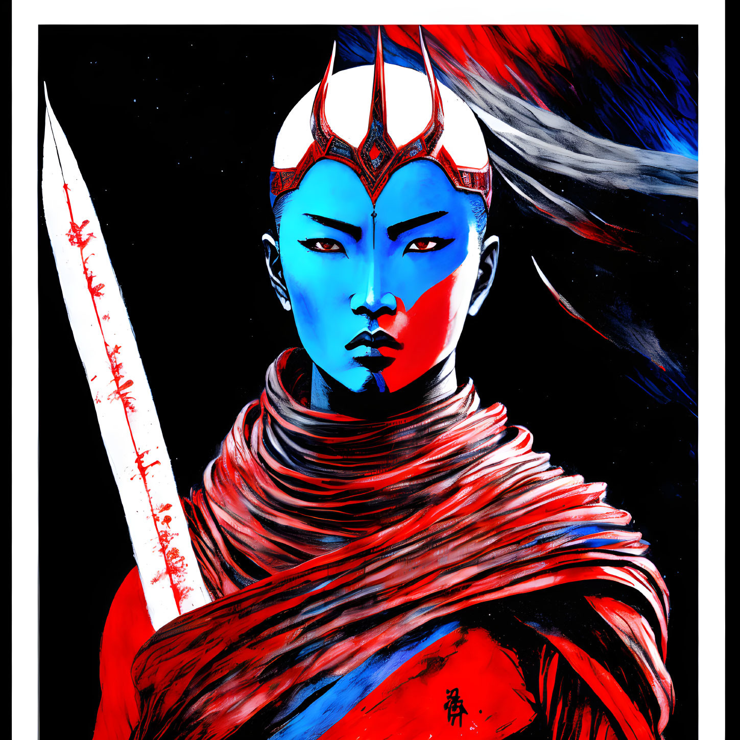 Blue-skinned warrior with red crown and sword on dark background