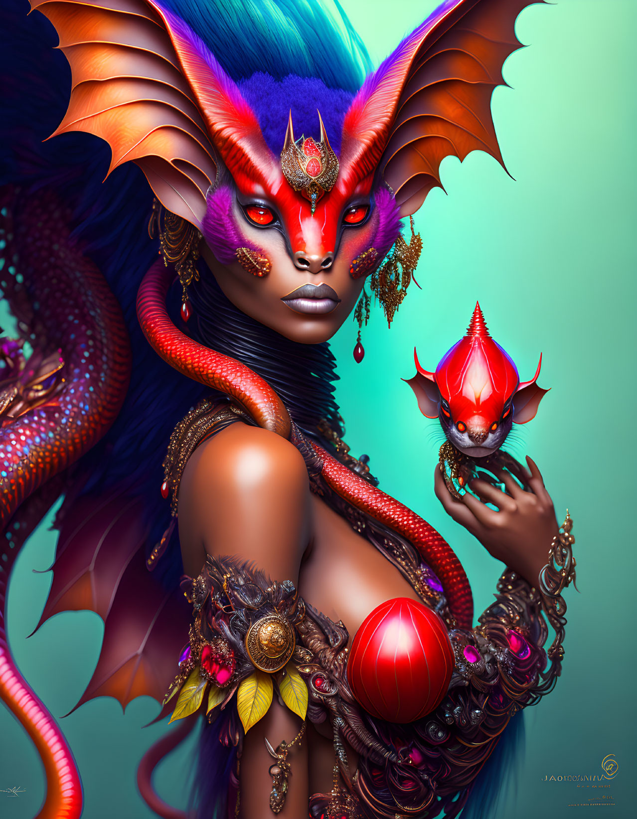 Fantasy illustration of woman with purple skin, red and gold wings, golden jewelry, and red dragon