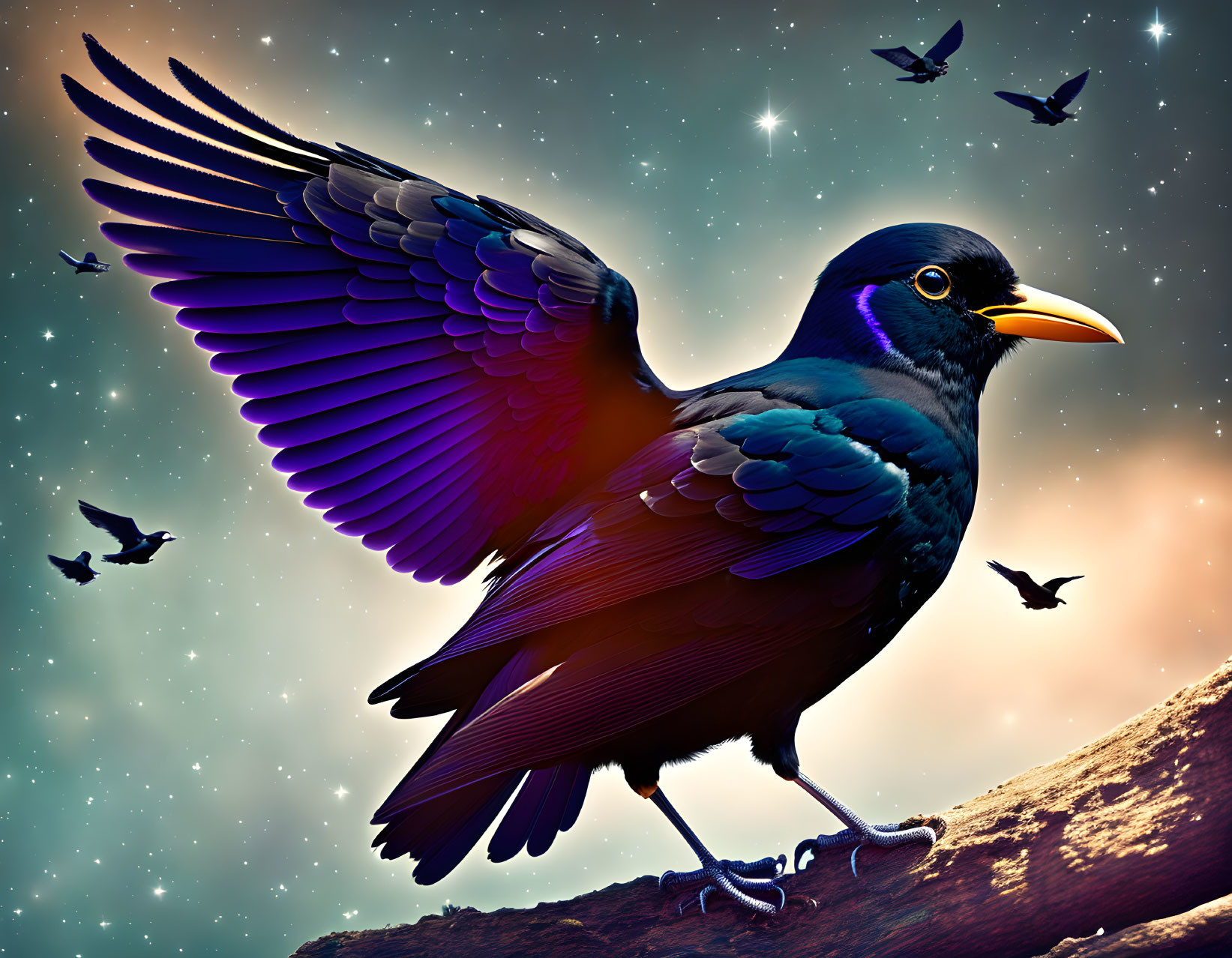 Digital Art: Blackbird Perched on Branch in Twilight Sky
