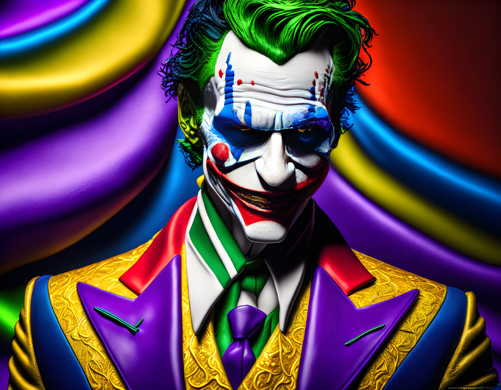 Vibrant Joker portrait in colorful makeup and suit against swirling backdrop