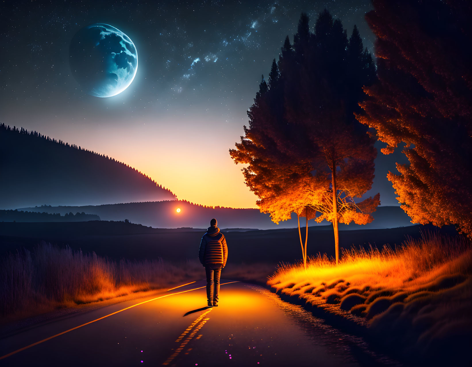 Person standing on road under oversized crescent moon and radiant sunset horizon