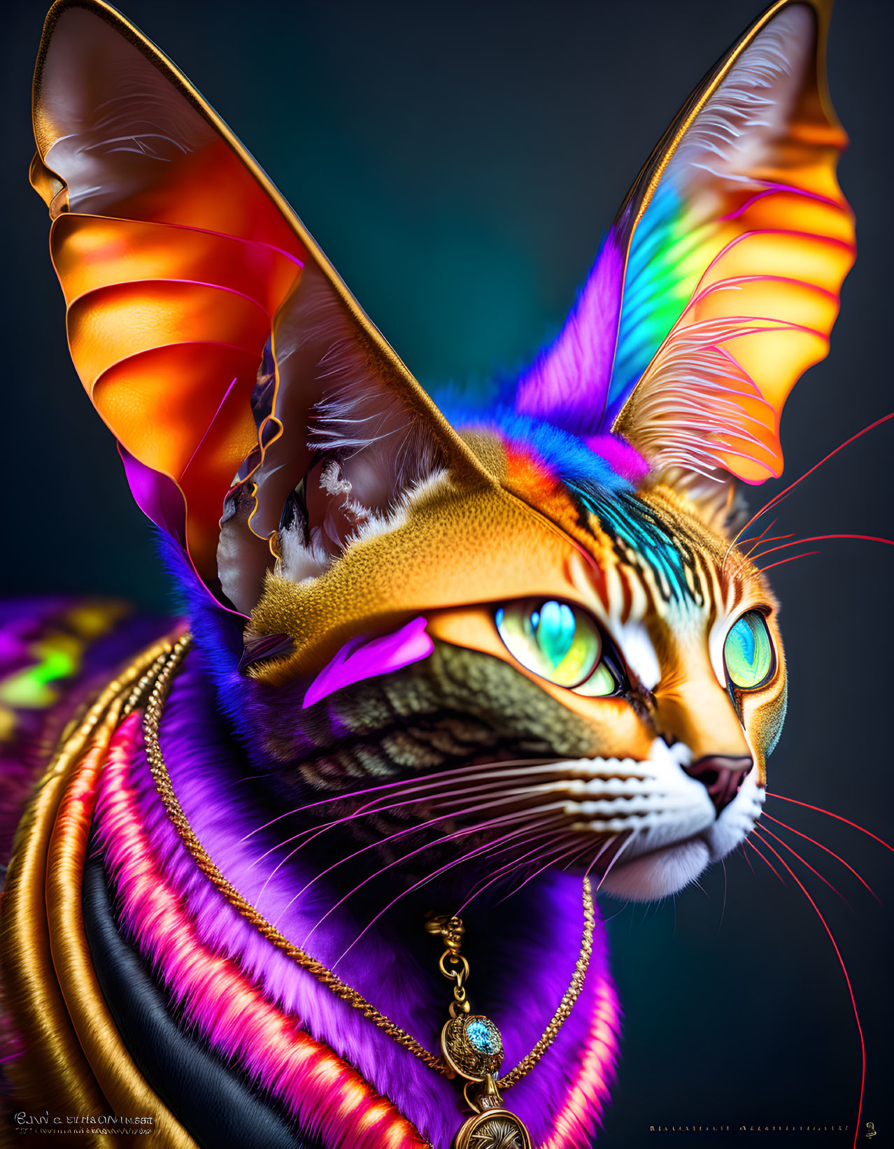 Vibrant Cat Artwork with Butterfly Wings and Gold Pendant