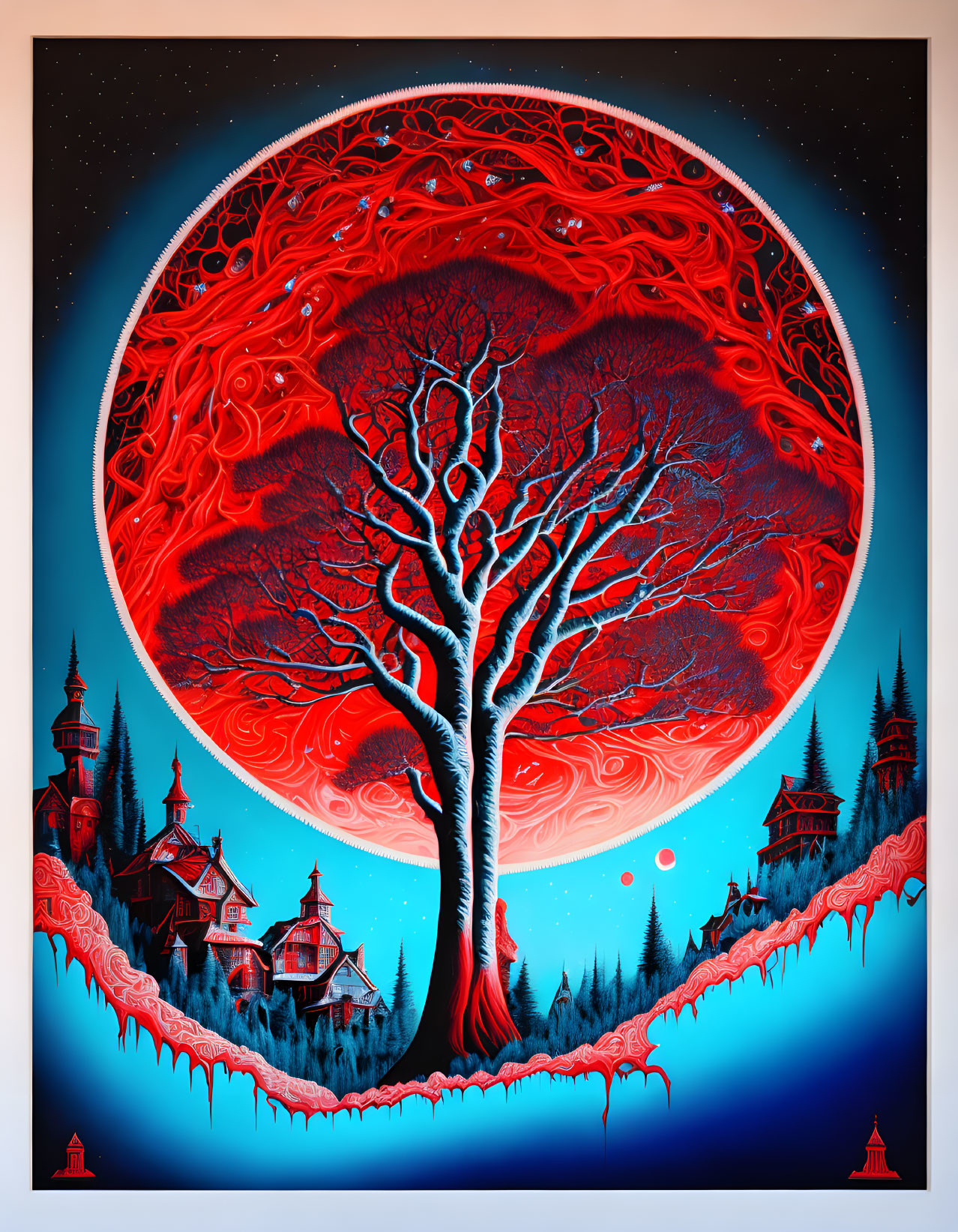 Circular surreal artwork: Vibrant red tree, swirling branches, night sky, stylized buildings on cliffs