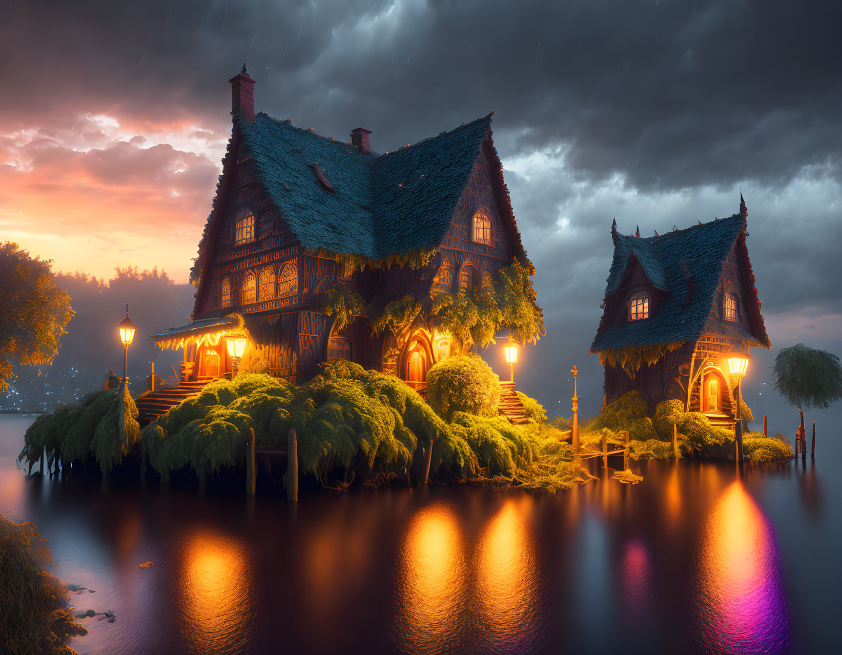 Twilight scene: illuminated houses by calm lake