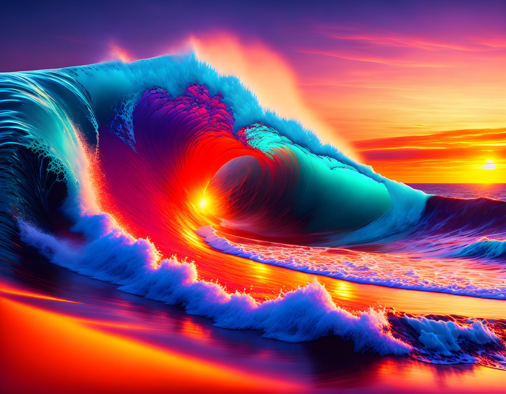 Colorful digital artwork: Curling wave at sunset in purple, blue, and orange hues