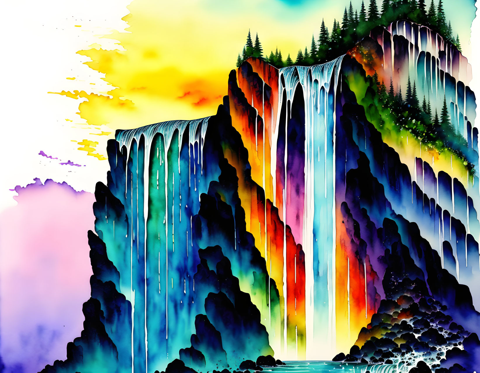 Colorful surreal illustration: Cascading waterfall with rainbow colors, tranquil pool, pine trees, and colorful