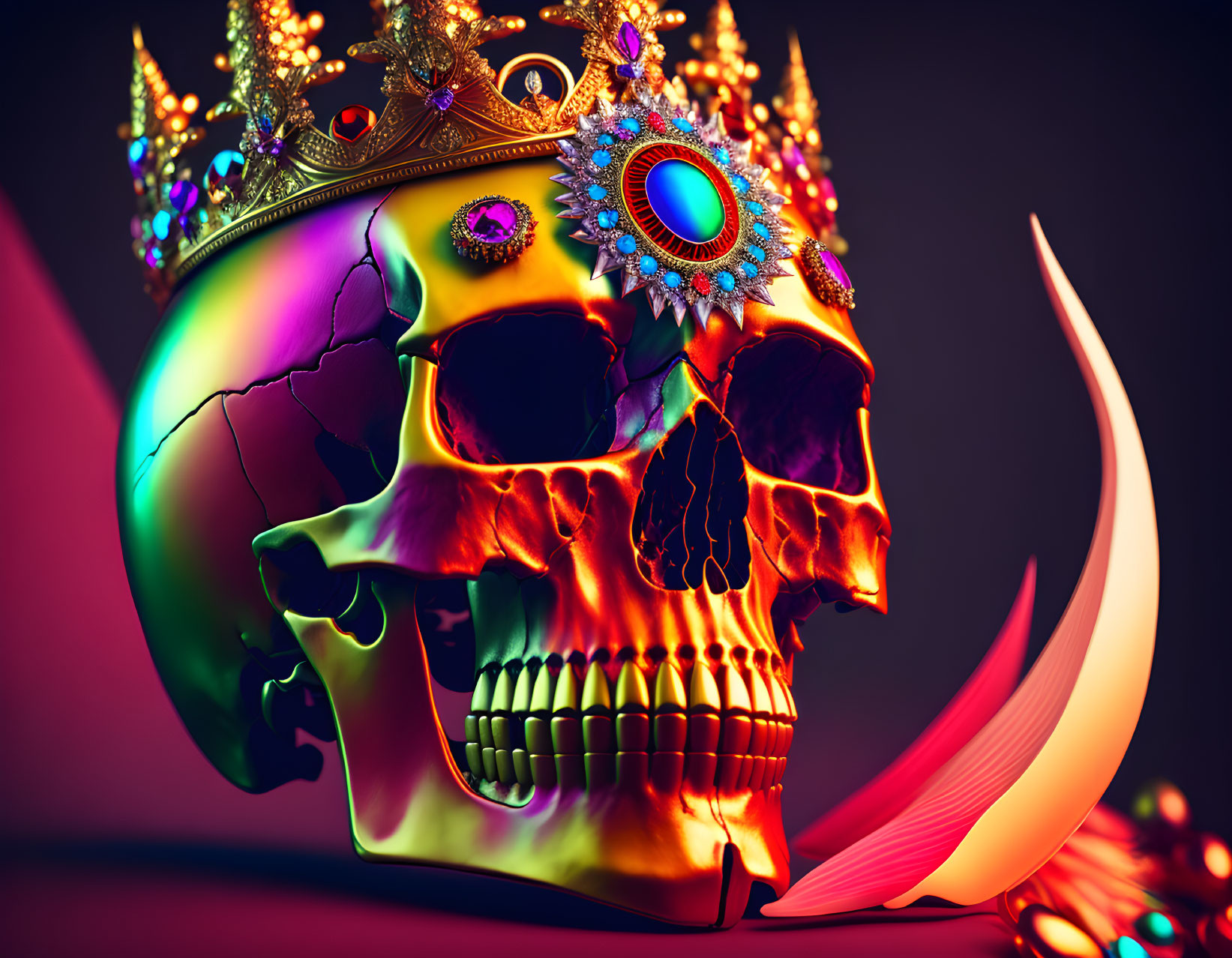 Colorful skull with jeweled crown and ornaments on dark background.