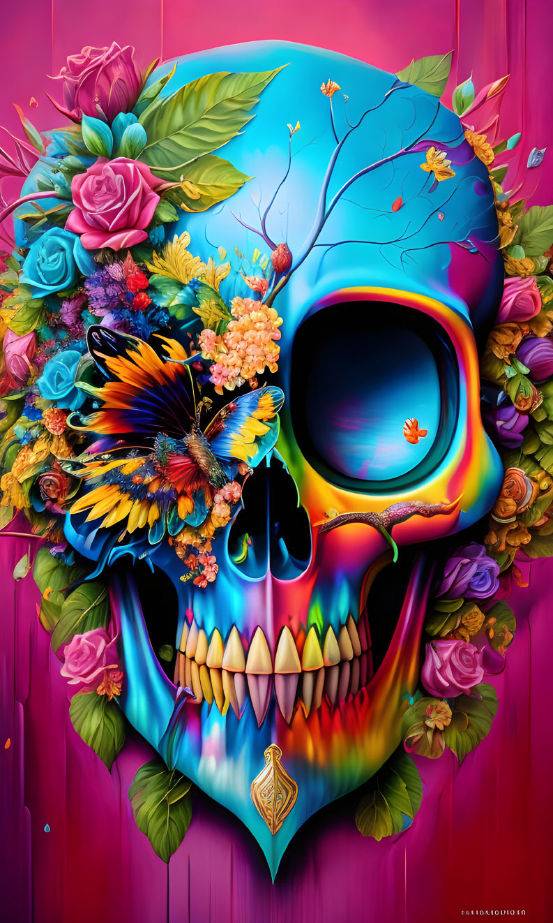 Vibrant floral skull with butterfly on pink background