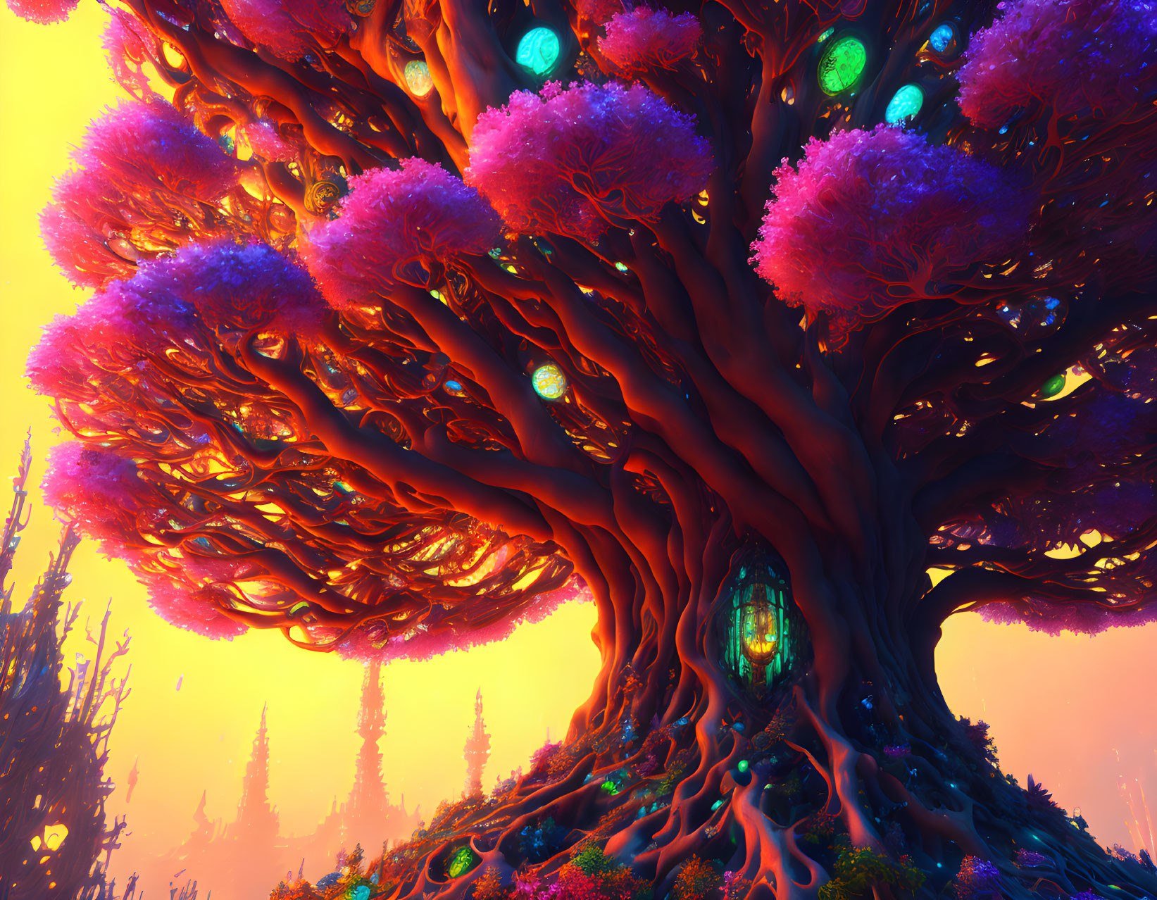 Alien landscape with massive fantasy tree and glowing orbs