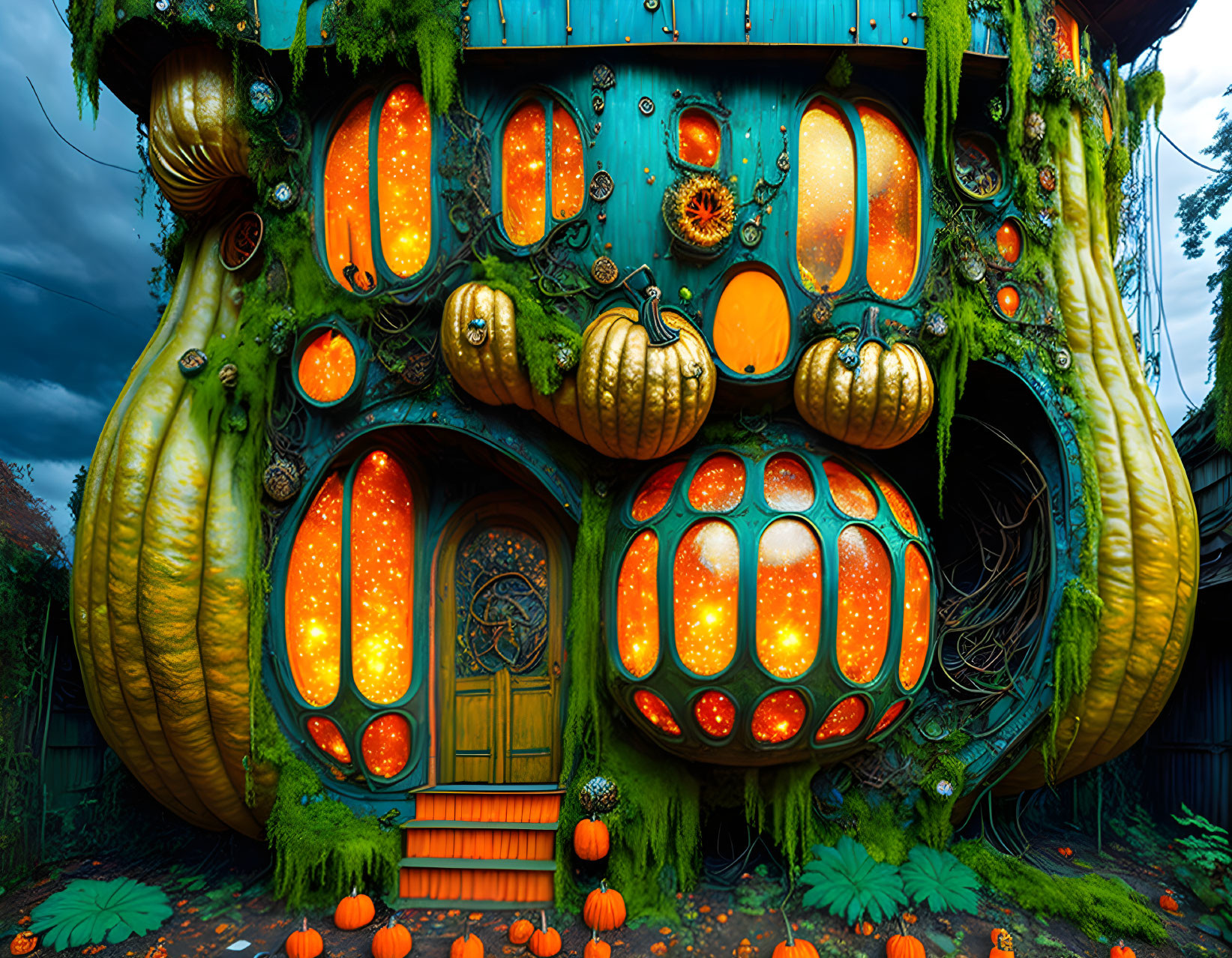 Whimsical pumpkin and gourd-like house with orange windows and quaint door