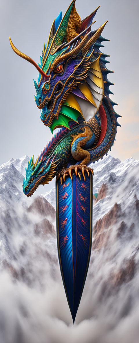 Colorful Dragon Wrapped Around Sword Against Mountain Backdrop