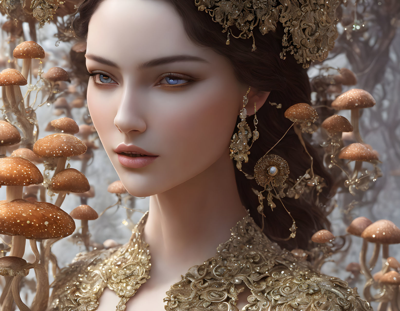 Detailed Digital Art: Woman with Golden Jewelry in Mushroom Field