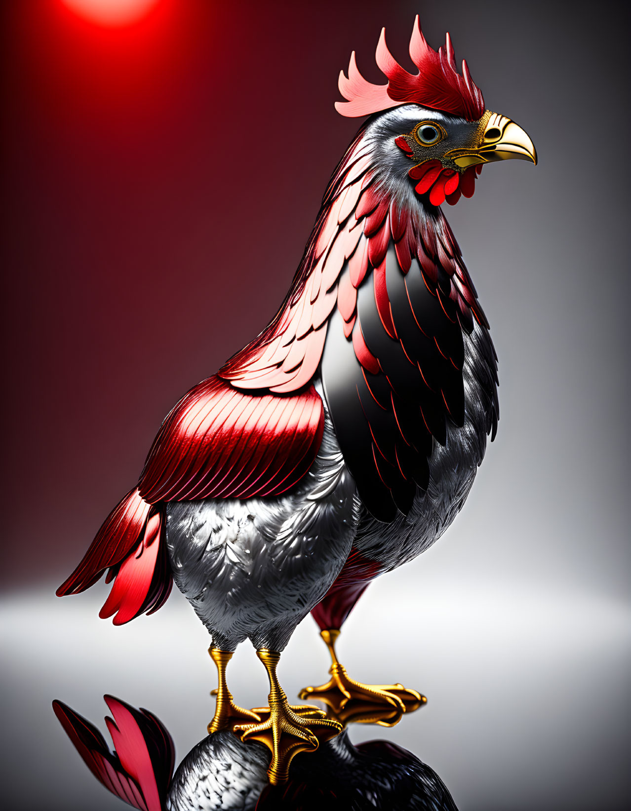 Detailed Rooster Illustration with Red Crest and Silver Feathers