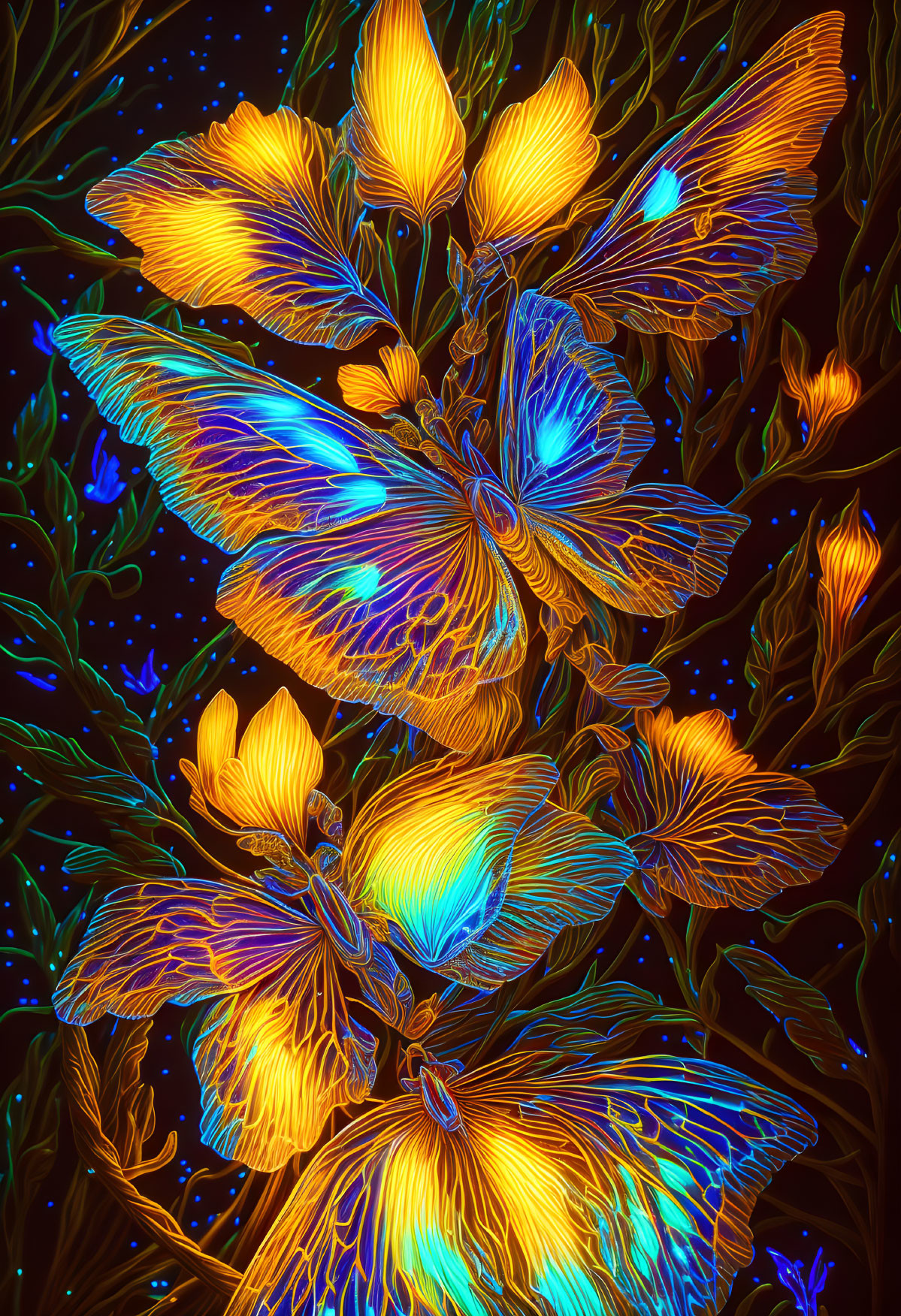 Colorful Digital Art: Illuminated Butterfly Wings in Neon Flora