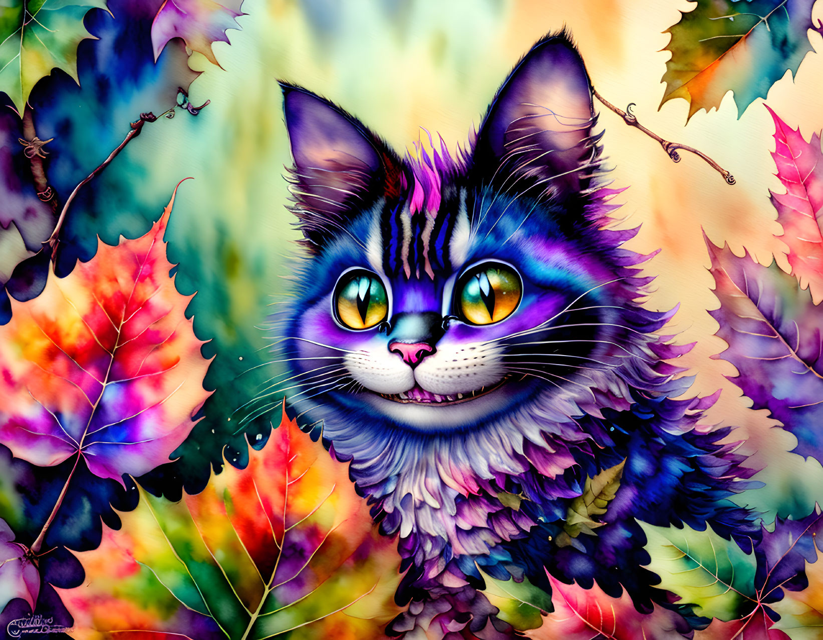 Colorful whimsical cat illustration with large purple eyes and autumn leaves