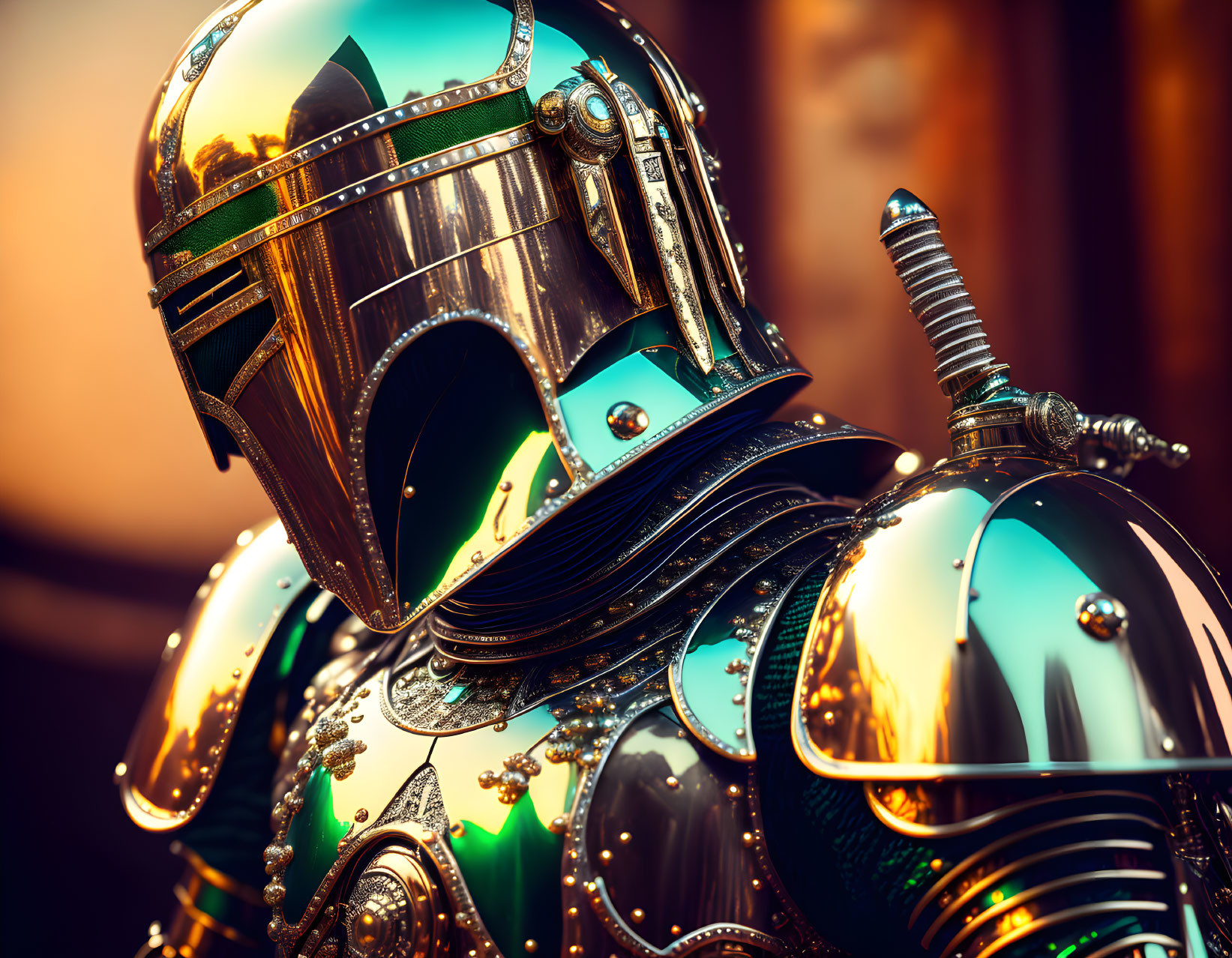 Detailed Medieval Knight's Armor with Elaborate Decorations