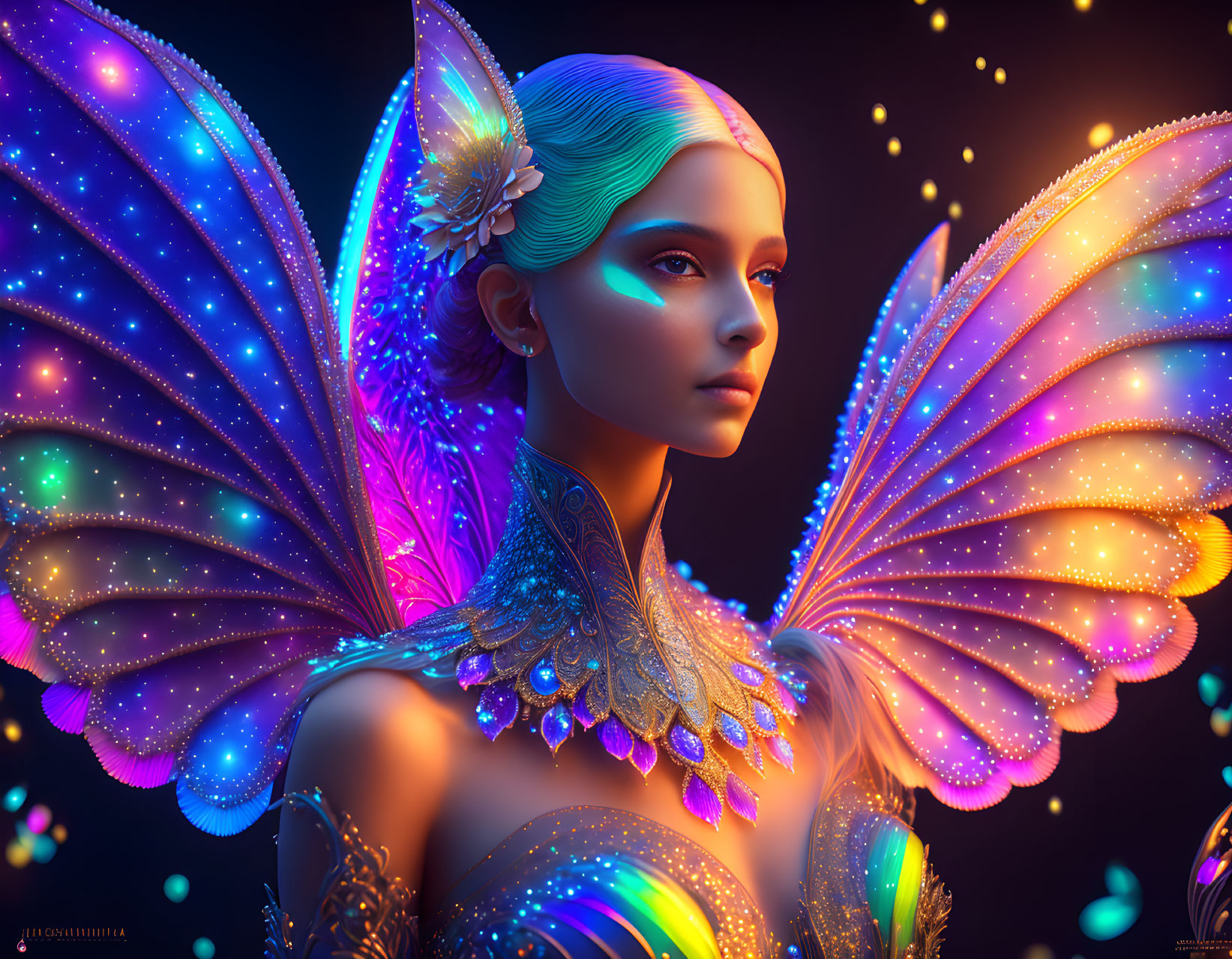 Fantasy digital artwork: Female creature with butterfly wings & glowing orbs