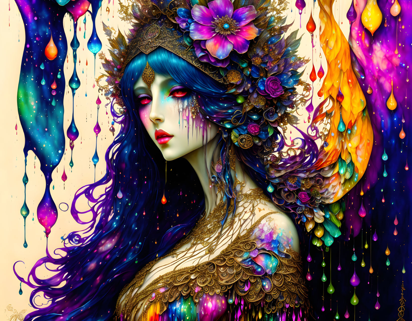 Colorful Illustration of Woman with Blue Hair and Floral Crown