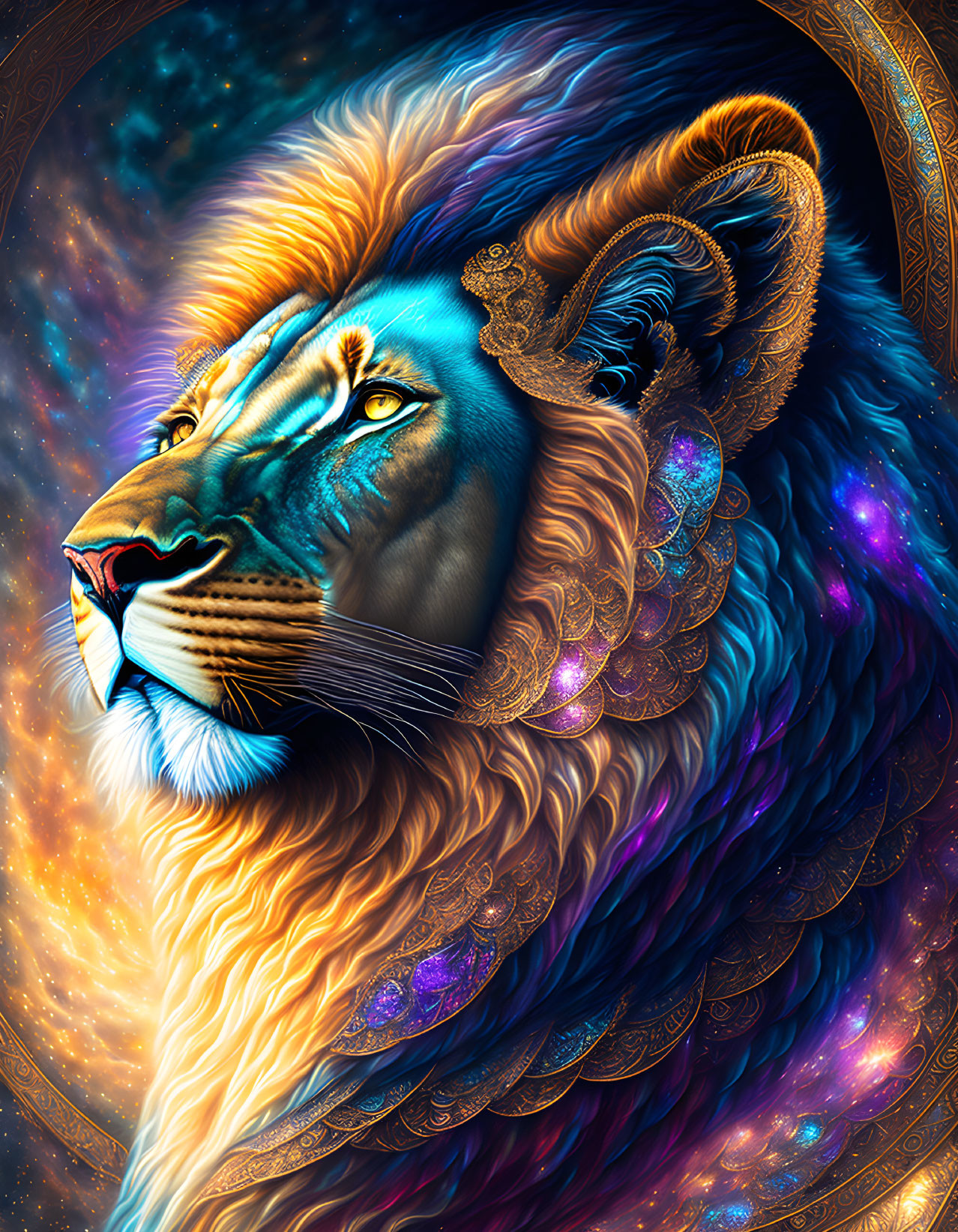 Majestic lion digital artwork with cosmic background and celestial color palette