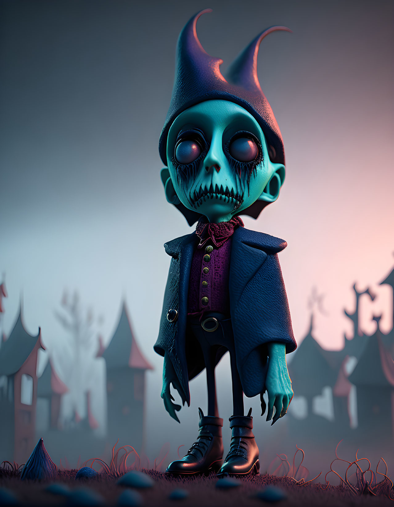 Stylized gothic animated character in dimly lit setting