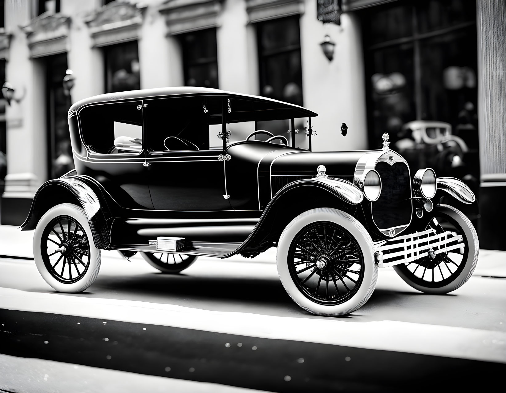 Vintage Black Car with Spoked Wheels and Chrome Accents Parked on City Street