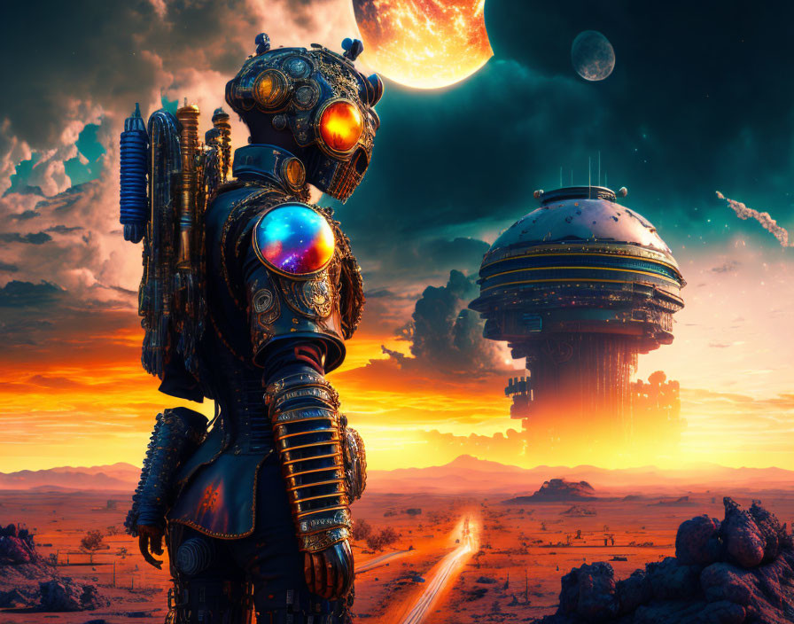 Futuristic robot in desert at sunset gazes at flying saucer city with planet and moon.