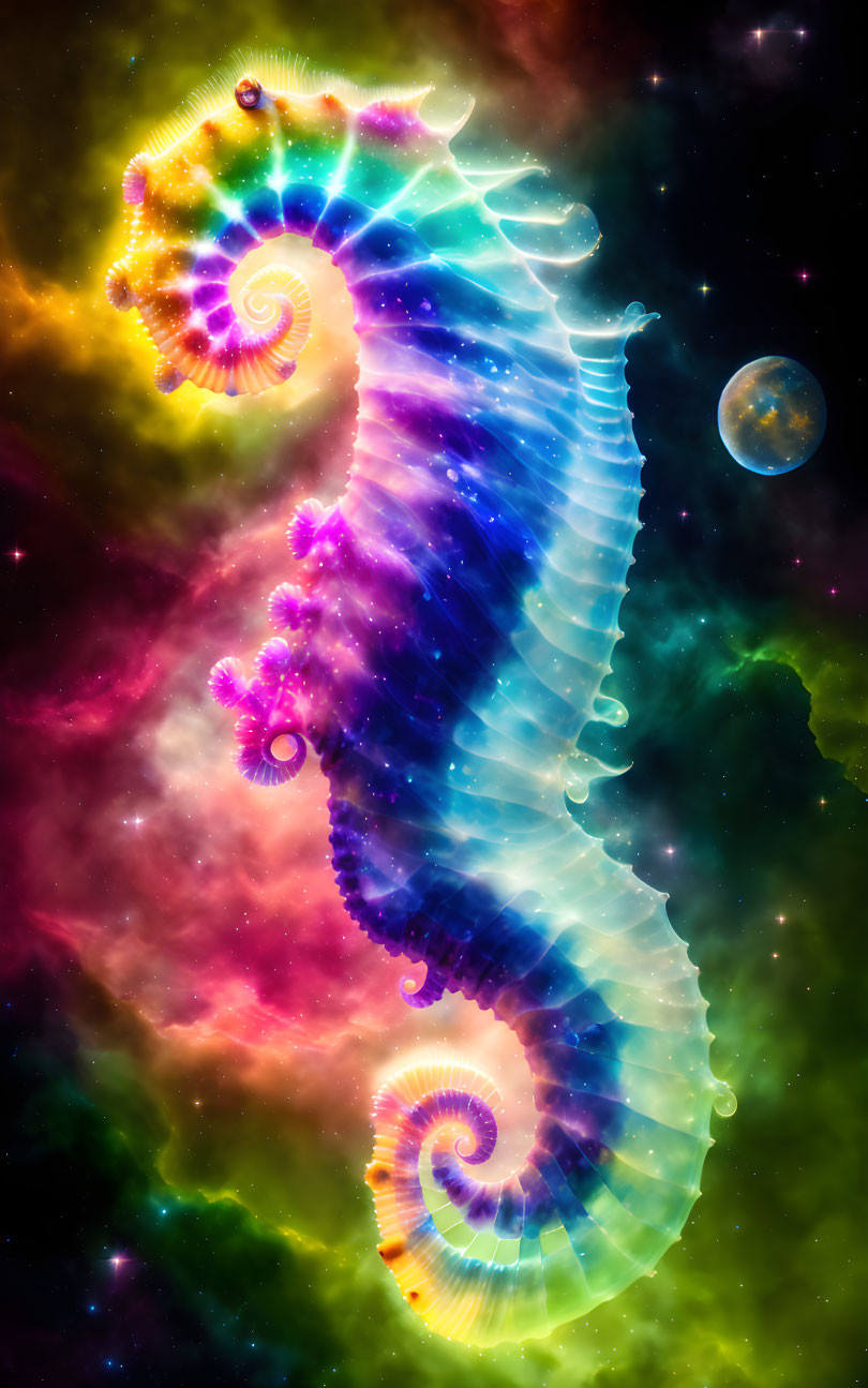 Colorful Cosmic Seahorse Art Against Nebula Background