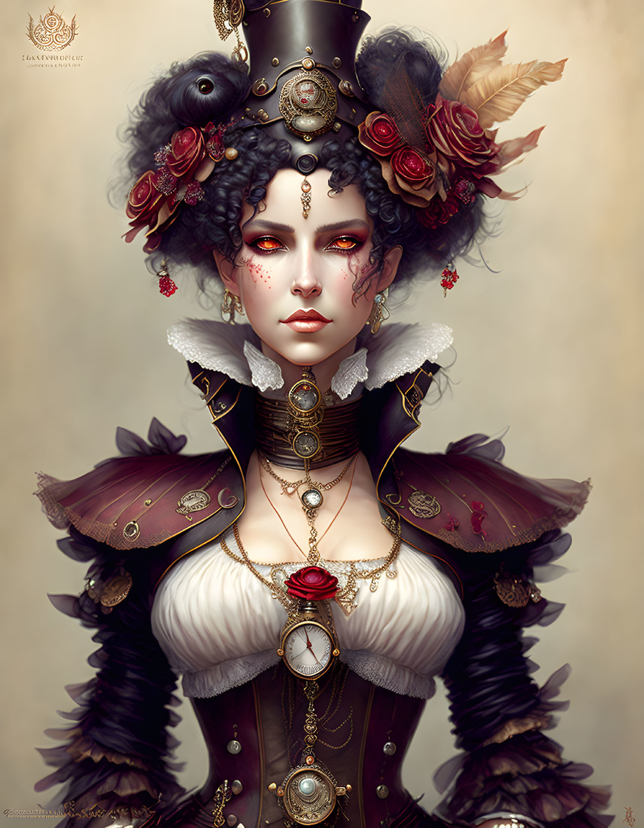 Victorian-inspired female figure in gold jewelry and floral headpiece