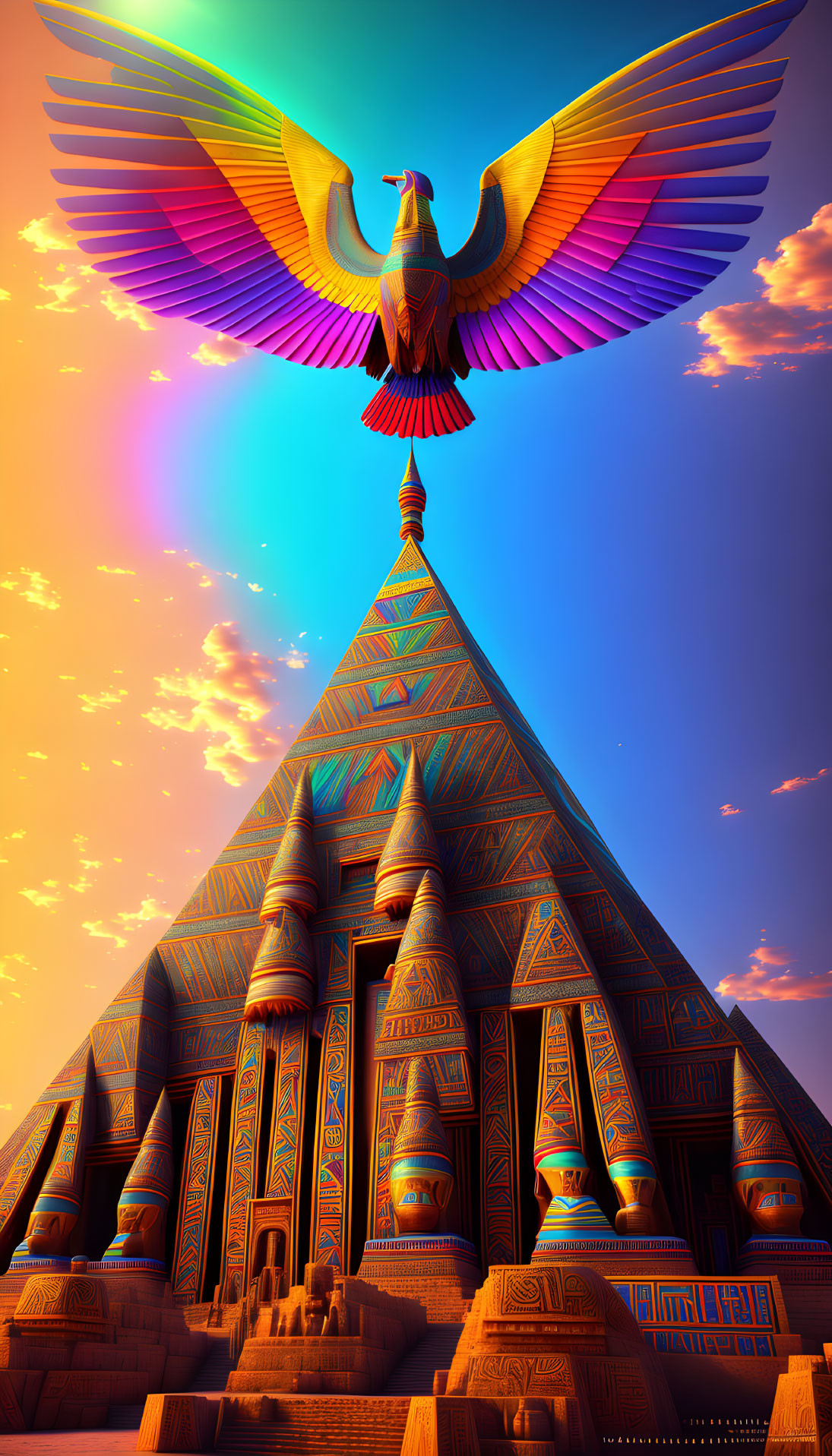 Colorful Egyptian-themed illustration: Bird above pyramid at sunset