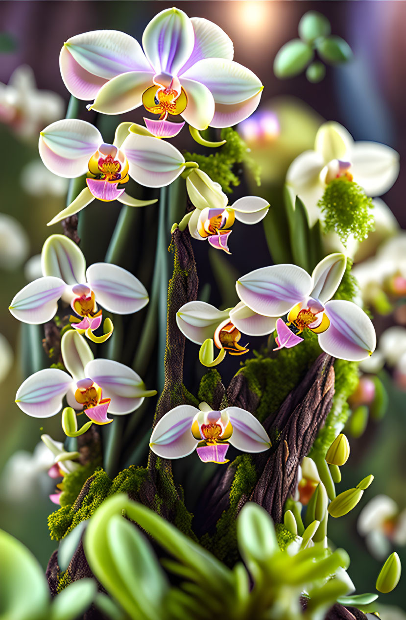 Colorful Orchids with Purple and White Petals on Soft Background