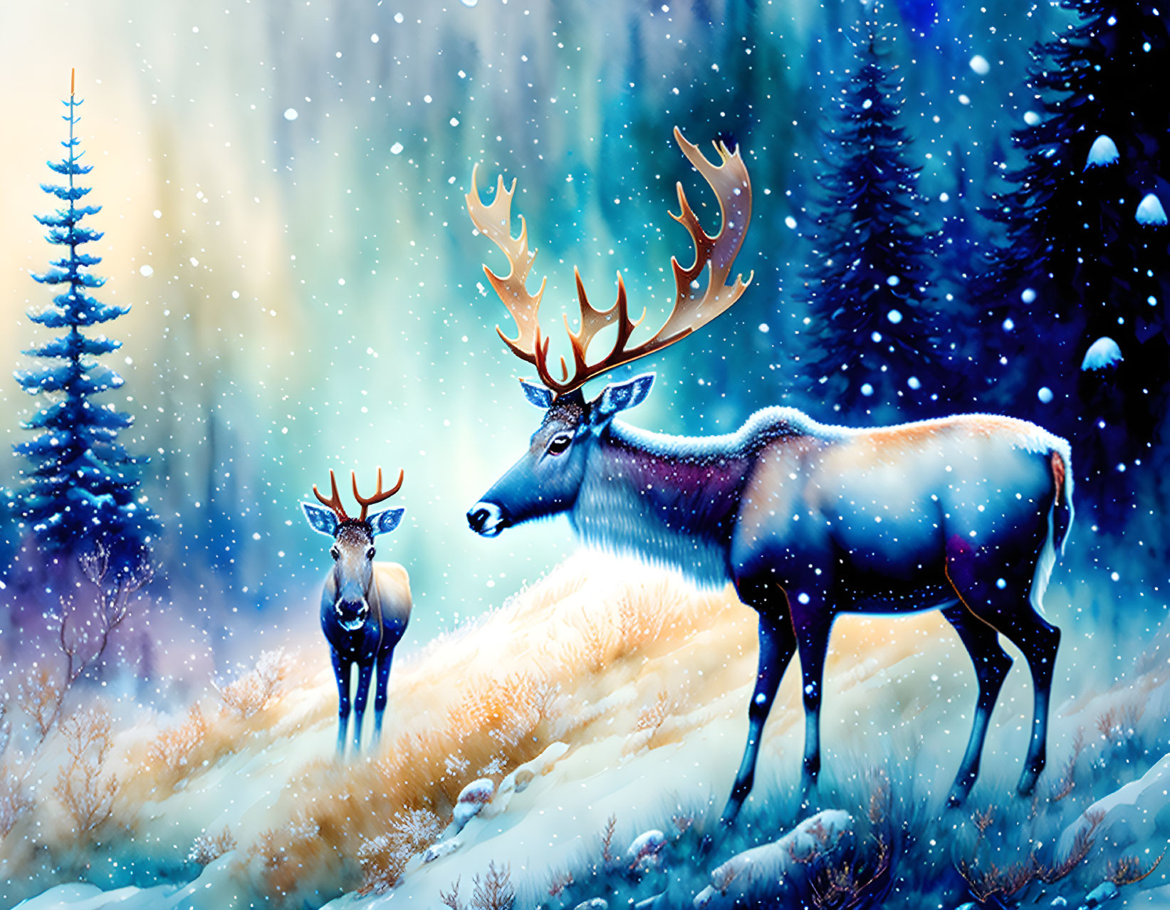 Majestic reindeer in snowy winter forest with falling snowflakes