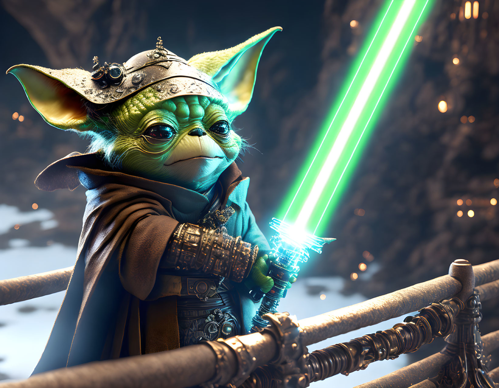 Green lightsaber-wielding Yoda-like character in medieval attire against rocky background