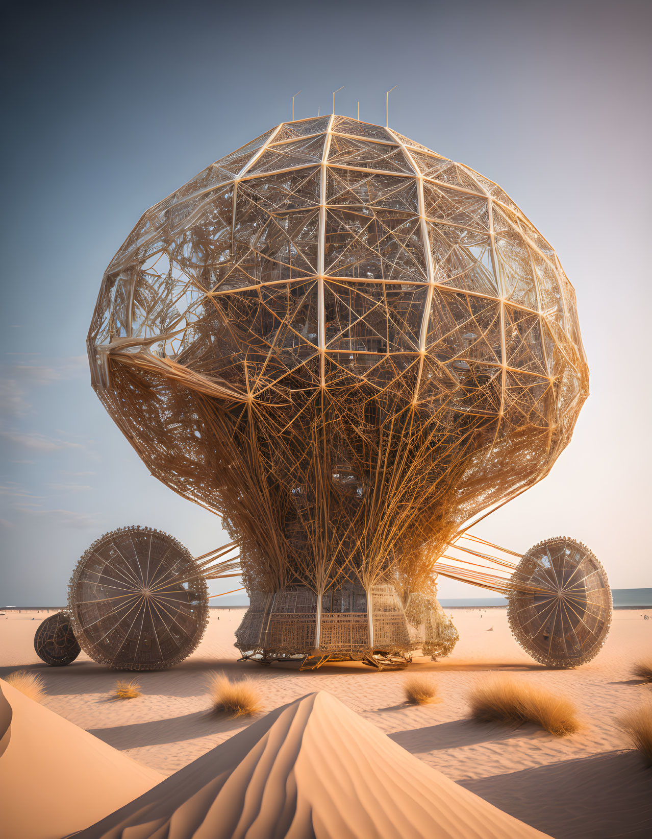 Futuristic spherical lattice structure on desert landscape